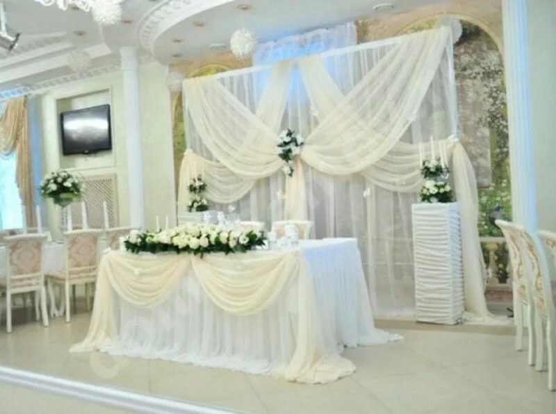 Украшение зала в белом цвете. Украшение зала на свадьбу в белом цвете. Украшение свадебного зала белого цвета. Декор свадебного стола жениха и невесты. Декор свадебного стола в белом цвете.