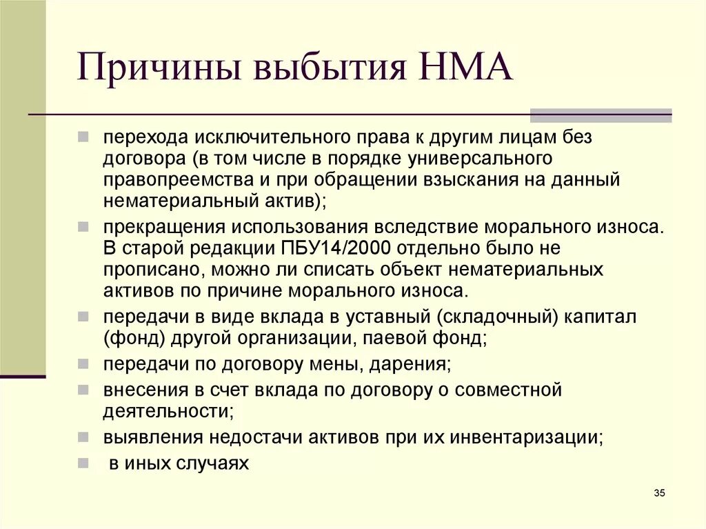 Учет выбытия нематериальных активов. Причины списания нематериальных активов. Причины выбытия нематериальных активов. Причины списания НМА. Основание для выбытия.