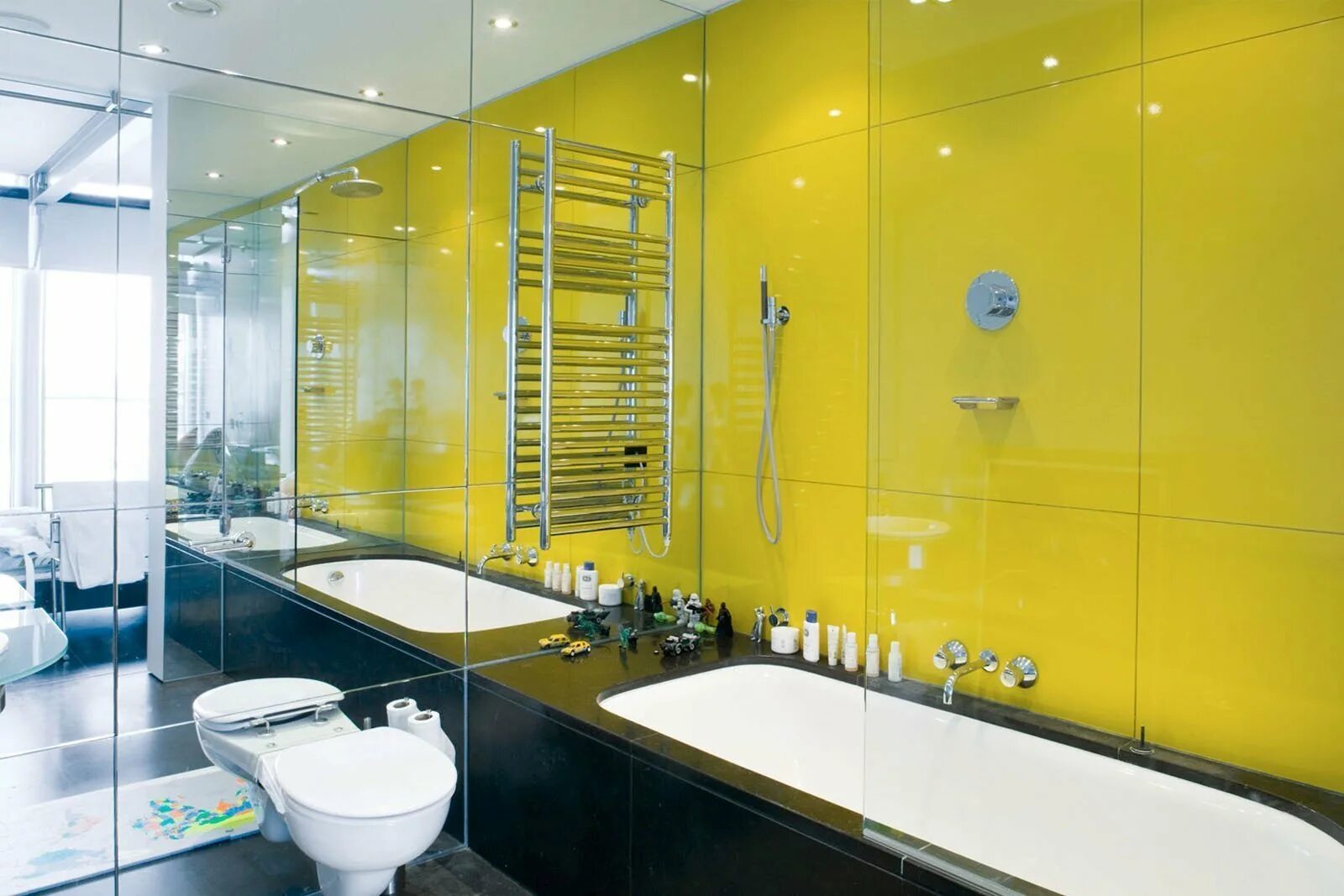 Yellow and gray bathroom... this is a one fancy looking bathroom that mixes clas