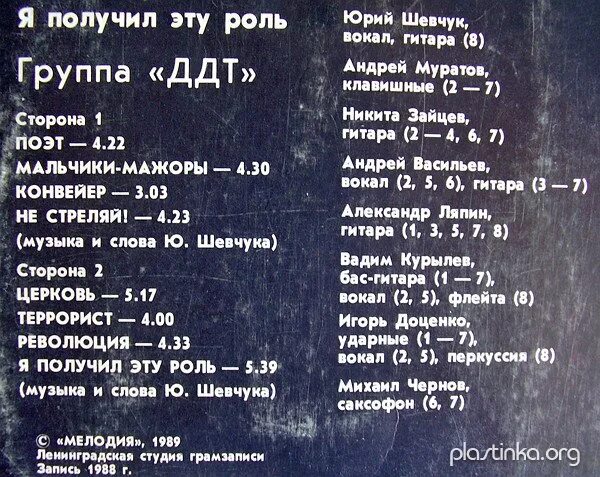 Я получил эту роль. ДДТ 1988 Я получил эту роль. ДДТ Я получил эту роль пластинка. ДДТ Я получил эту роль альбом.