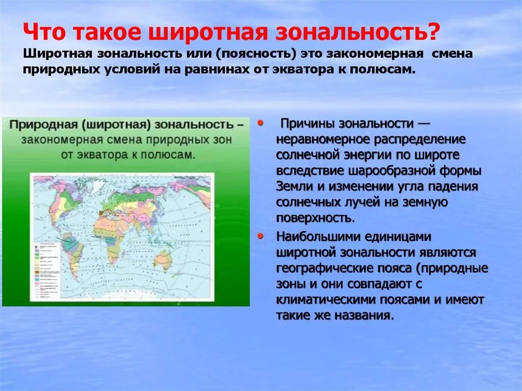 Географическая зональность. Широтная зональность, причины проявления. Причины природной зональности. Причины формирования Широтной зональности.