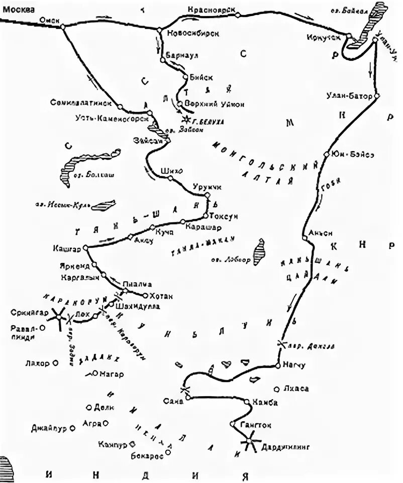 Экспедиция рериха 1923. Центрально - азиатская Экспедиция н.к.Рериха. Маршрут Центрально-азиатской экспедиции Рериха карта. Маршрут Центрально азиатской экспедиции Рериха. Карта Центрально азиатской экспедиции Рериха.