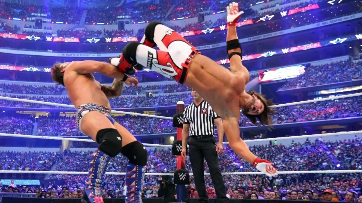 Реслинг видео. Эй Джей Стайлз. WWE WRESTLEMANIA 32. AJ Styles WWE. AJ Styles WRESTLEMANIA.