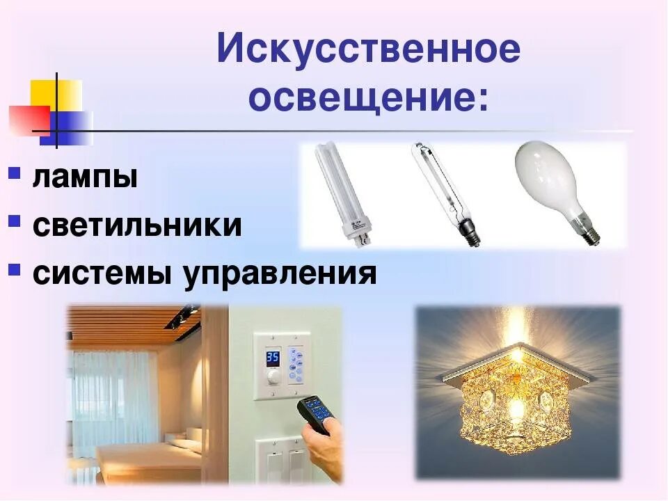 Виды освещения. Искусственное освещение. Лампы искусственного освещения. Лампы светильники системы управления. Типы освещения жилого помещения.