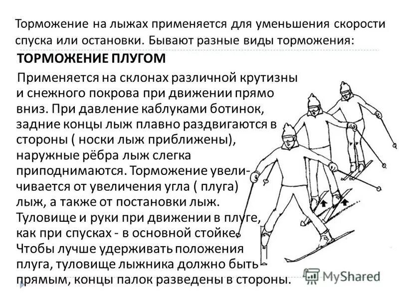 Спуск значение. Техника спуска и торможения на лыжах. Способы торможения на лыжах со спуска. Торможение плугом. Техника торможения плугом.