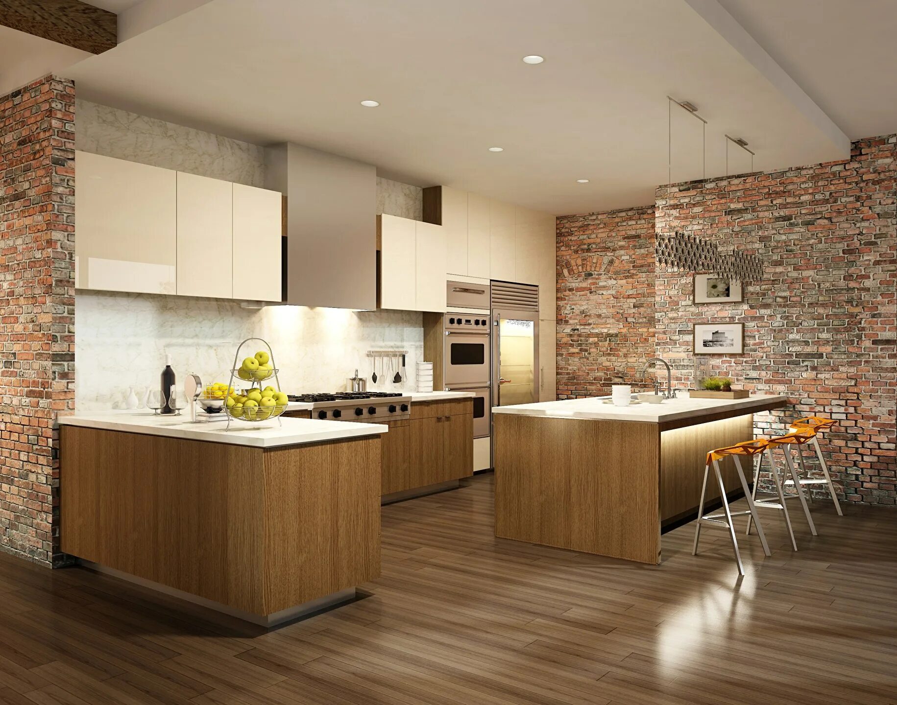 Красивые современные кухни. Кирпич и дерево в интерьере кухни. Kitchen wallpaper. Кухня с зелеными стенами. Современная отделка стен на кухне.