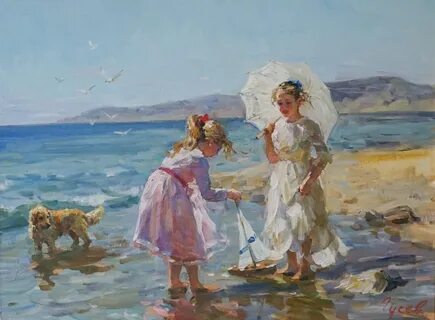 Artwork by Vladimir Gusev, Young Girls at the Beach, Made of Oil on Canvas 