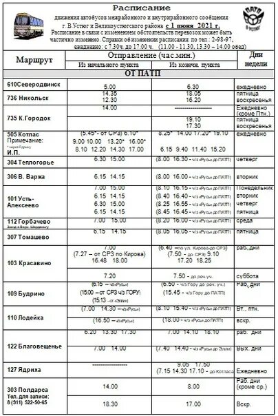 Расписание автобусов котлас номер