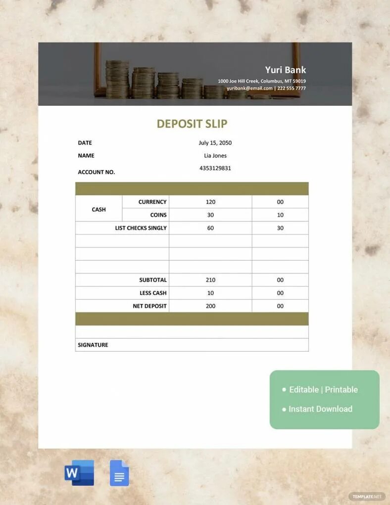 Deposit Slip. Bank slip