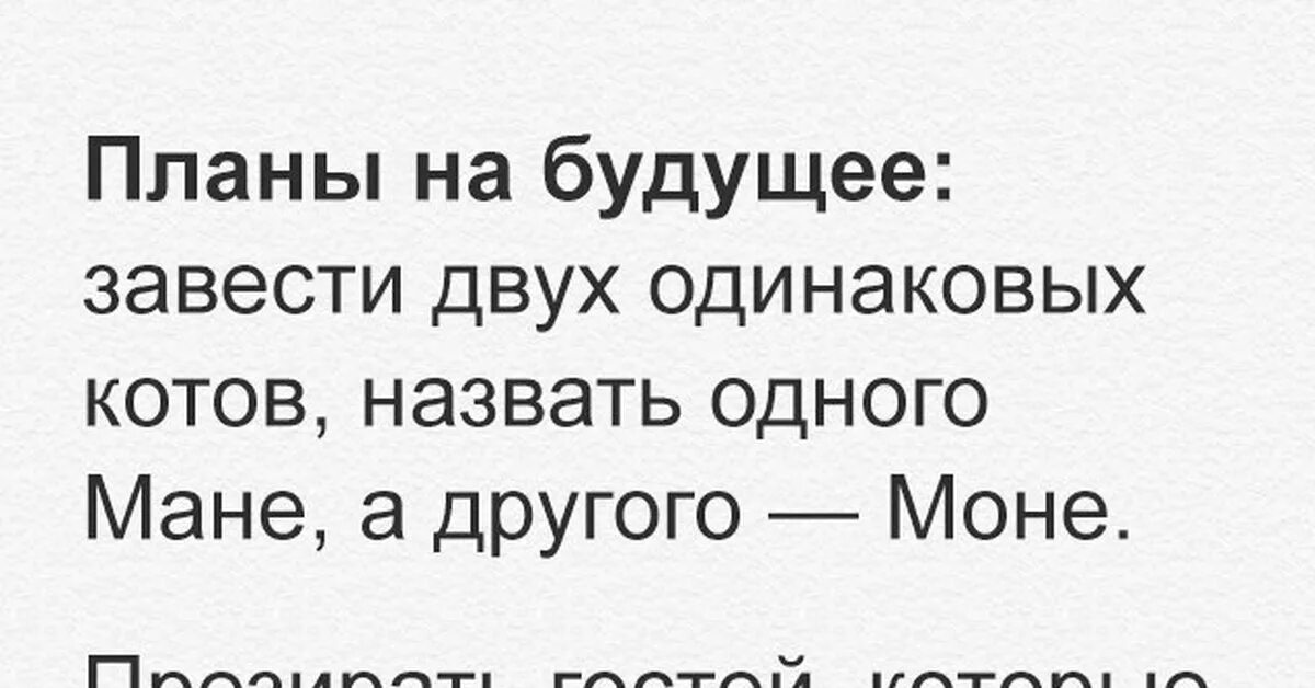 Сообщение планы на будущее. Планы на будущее завести двух одинаковых котов. Завести двух одинаковых котов Мане и Моне. Планы на будущее смешные картинки. Завести двух котов одного назвать Мане.