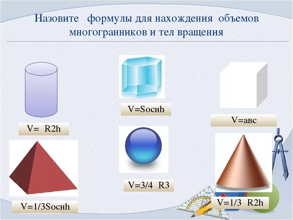 Тела сохраняют форму и объем. Формулы объемов многогранников и тел вращения. Объемs геометрических тел.. Геометрические тела многогранники и тела вращения. Нахождение объема геометрических фигур.
