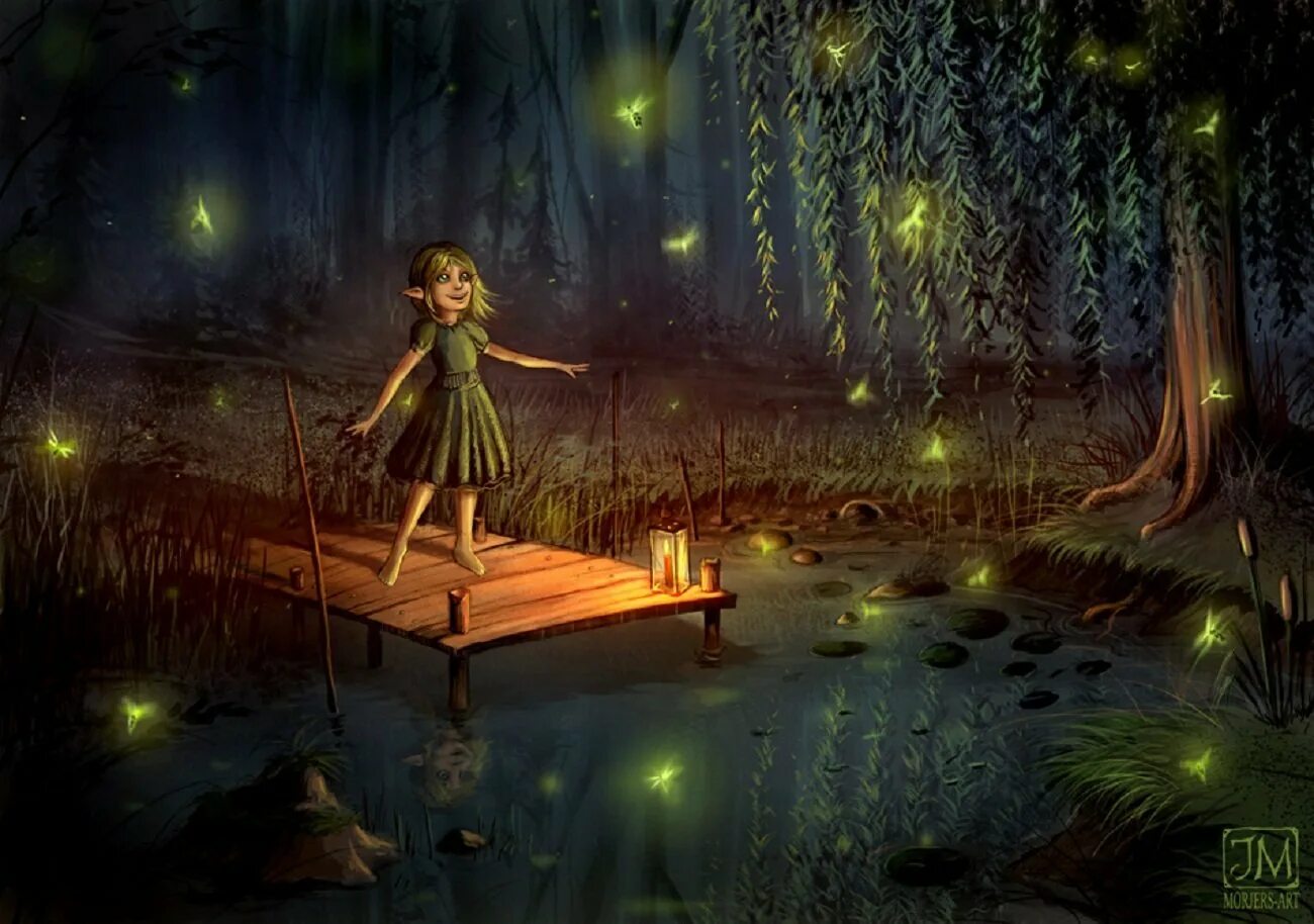 Светлячки арт. Аниме лес ночью с светлячками. Светлячок арт. Светлячок арт. Волшебные огоньки.