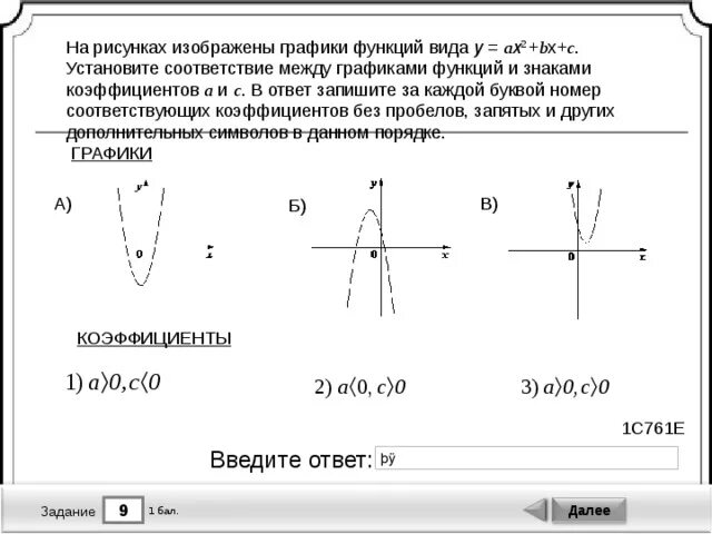 Соответствие между графиками функций и знаками коэффициентов a и c.