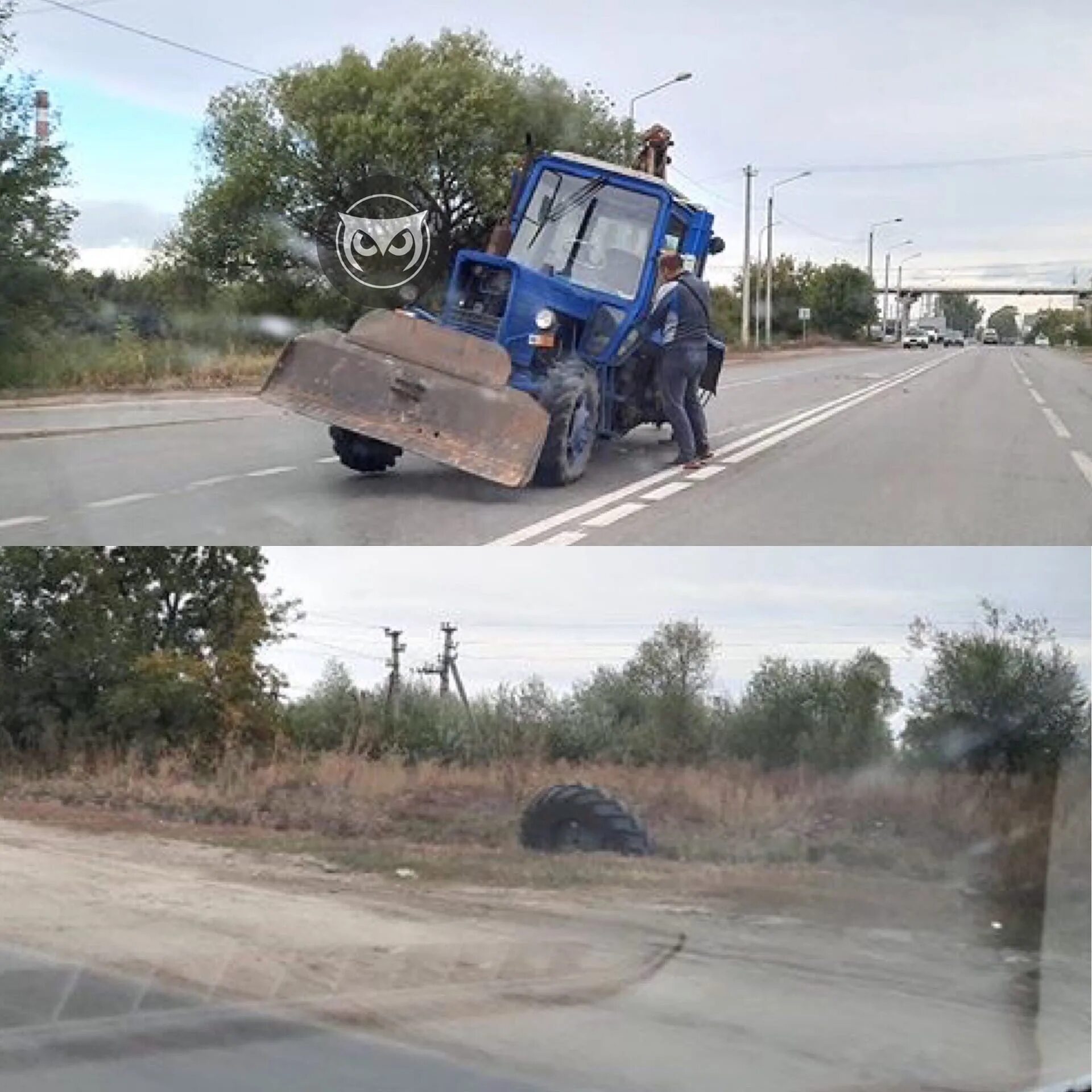 В 6 утра трактор выехал. Отвалилось колесо у трактора на дороге. Отвалилось колесо от трактора. Колесо отлетело от трактора. Сломанный трактор.