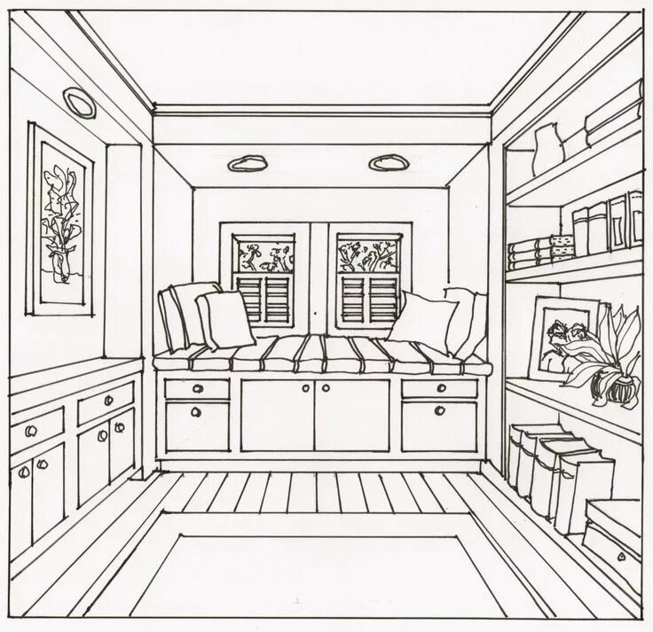 Classic Decor Large Living Room with Stairs coloring page from Interior Design c