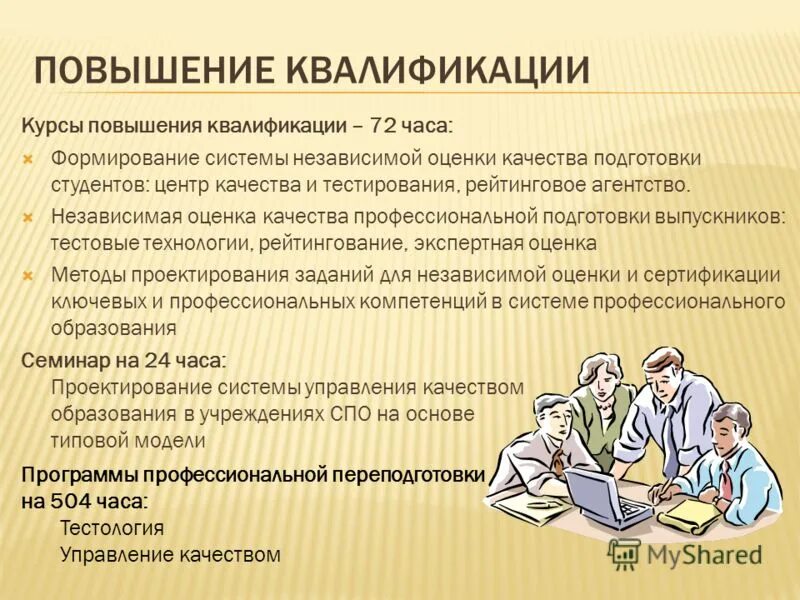 Оценка качества профессиональной подготовки студентов. Повышение квалификации. Независимая оценка квалификации. Презентация центра качества. Результат курсы повышения