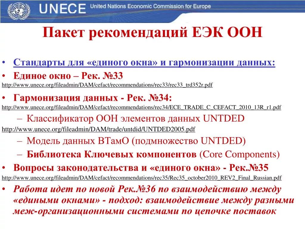 Пакет рекомендаций. Пакет рекомендаций пример. ЕЭК ООН–ООН/СЕФАКТ (рекомендация ЕЭК ООН № 33). Пакет рекомендаций в проекте пример.