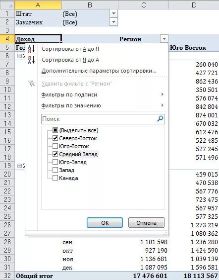 Как отфильтровать сводную таблицу
