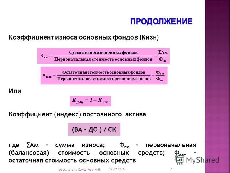 Основные показатели износа основных фондов