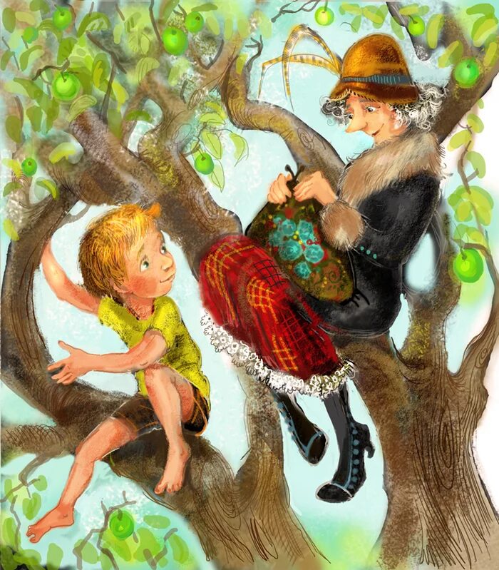 В лобе. Бабушка на яблоне книга. Мальчик и яблоня.