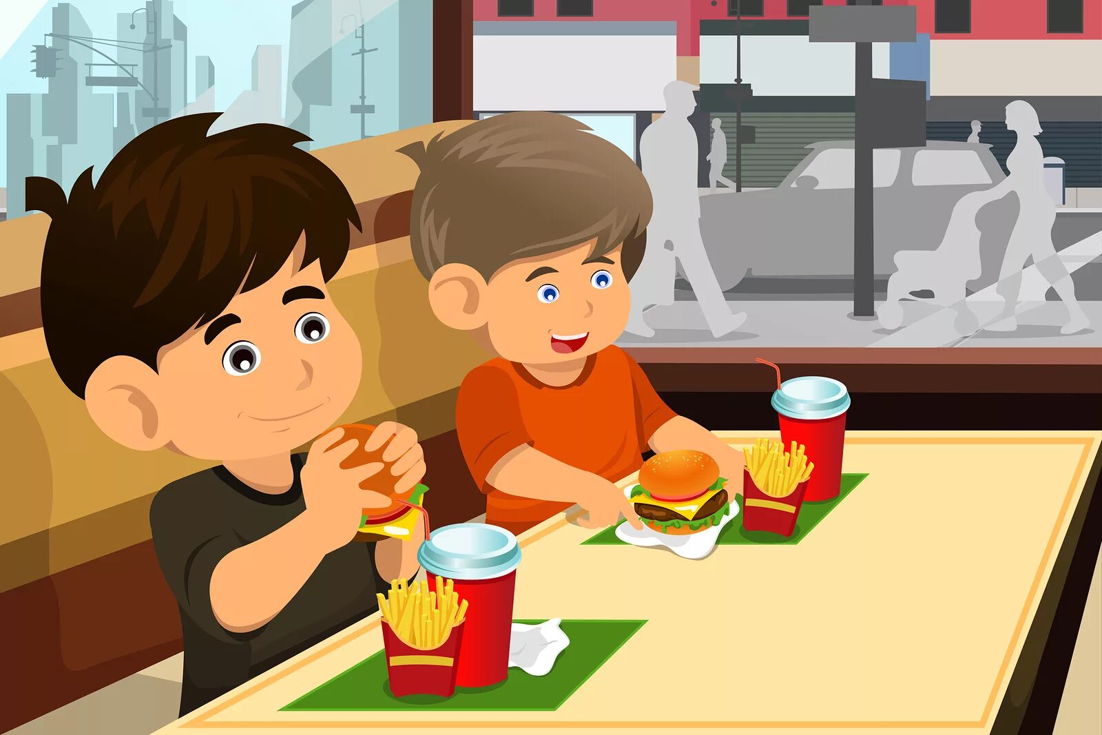 В столовой уже стояли два мальчика. Кафе рисунок для детей. Детские иллюстрации в кафе. Дети кушают в кафе. Муль мальчик ест за столом.