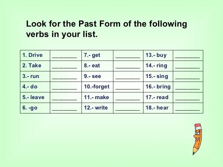 Show past forms. Past Tense look. Following verb forms a. Write the verbs in the past forms. Write the past simple of the following verbs.