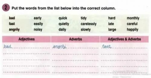 Put the words in correct column. Put the Words into the correct columns. Put the Words from the list below into the correct column Bad fast angrily. Put the Words the list below into correct column. Put the Words from the list below into the correct column good nicely.