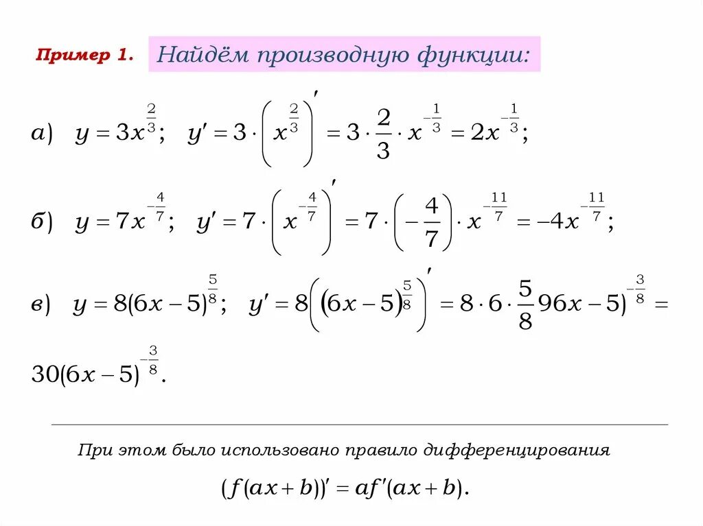 Производная от степенной функции формула. Вычислить производную степенной функции. Производная функции примеры с решениями. Как найти производные степенной функции.