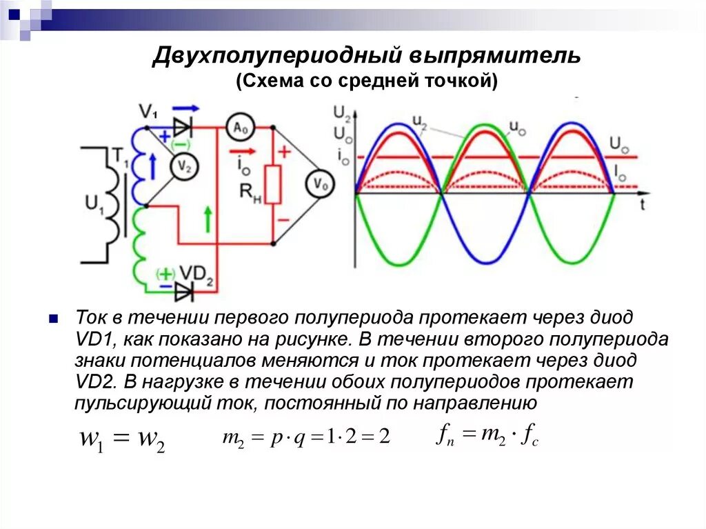 Схема 2х полупериодного выпрямителя. Принцип работы однофазного двухполупериодного выпрямителя. Двухполупериодный выпрямитель переменного тока. Выпрямитель на стабилитронах схема. Напряжение нагрузки диода