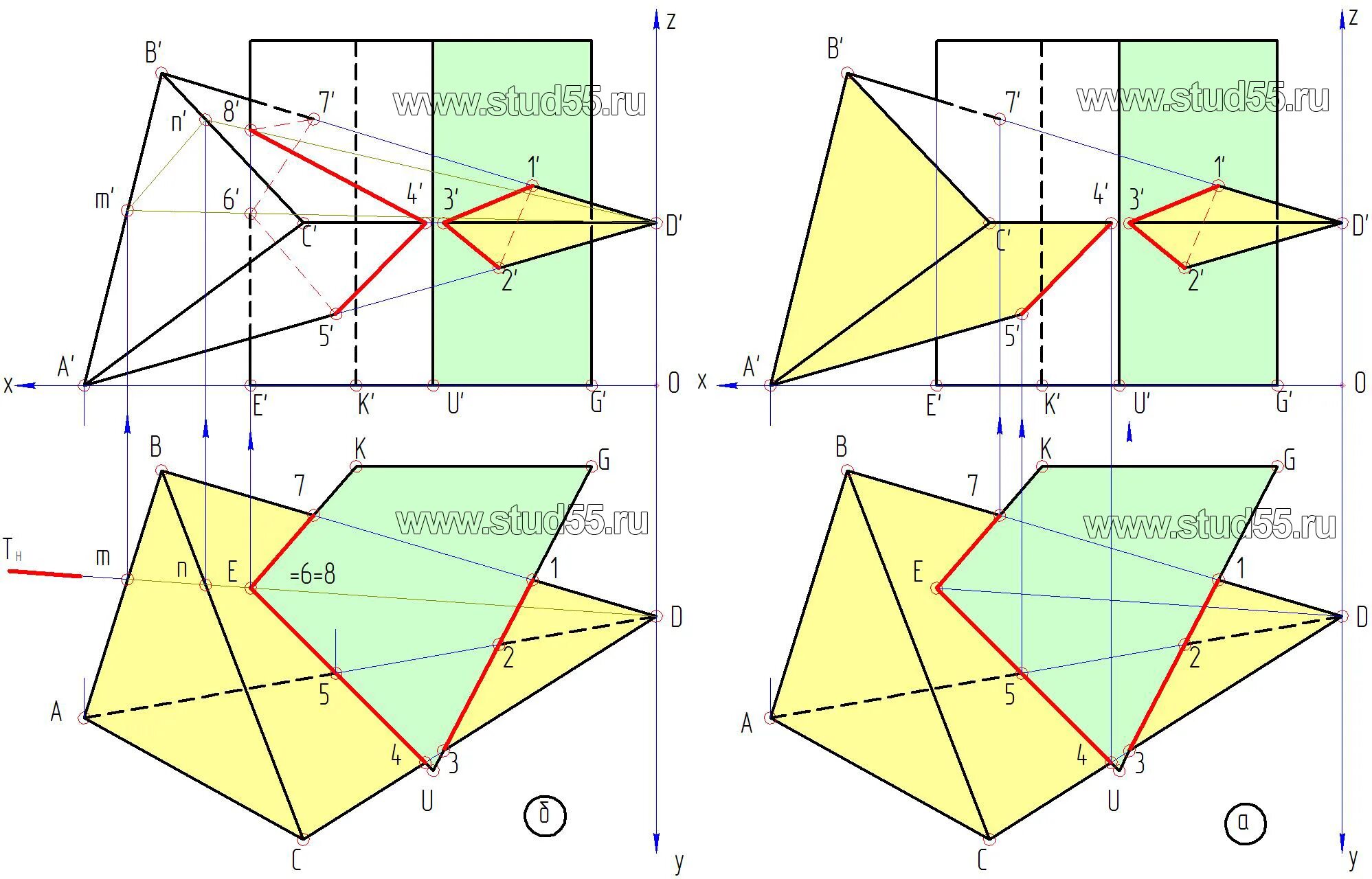 Пересечение многогранников начертательная геометрия. Начертательная геометрия пирамида с призмой. Построение линии пересечения пирамиды с прямой призмой. Начертательная геометрия призма. Пересечение пирамиды и призмы начертательная геометрия.