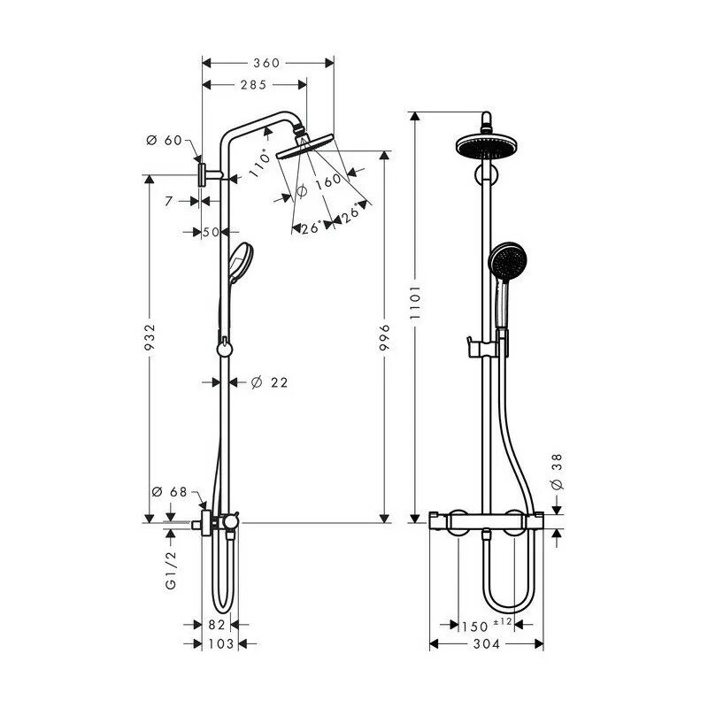 Душевая система высота. Hansgrohe Croma 160 Showerpipe 27135000. Душевая система Hansgrohe Croma 160 Showerpipe с термостатом 27135000. Croma 100 Showerpipe Hansgrohe.