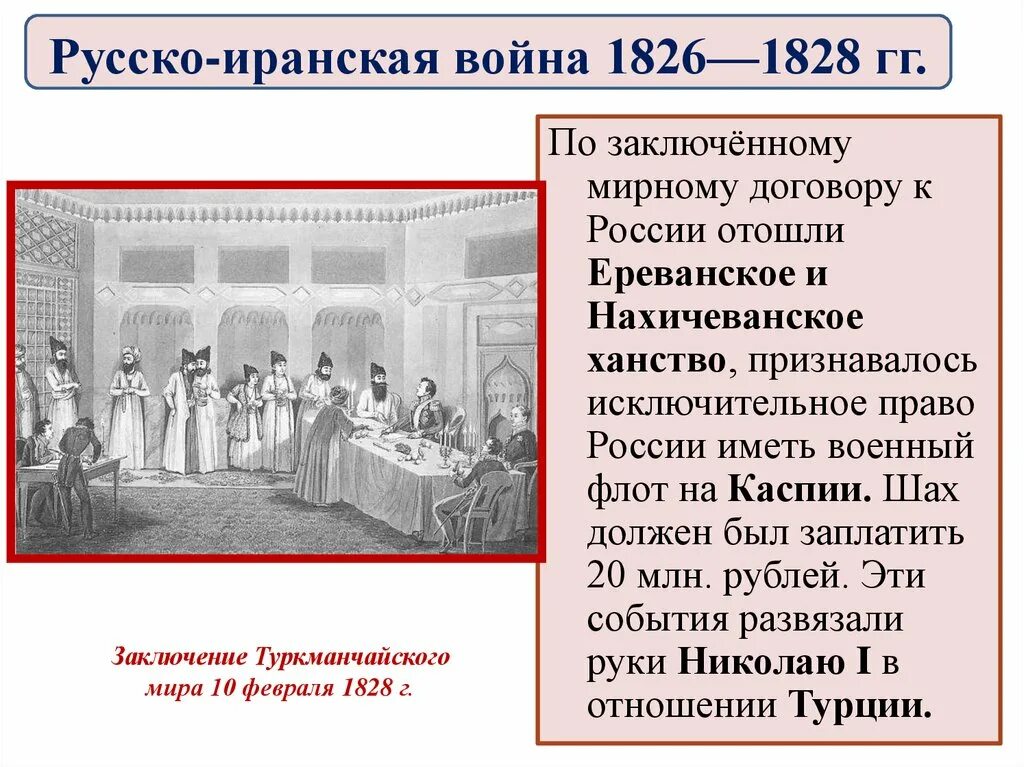 Итоги русско иранской войны. Русско-иранская война 1826-1828 гг.. В результате русско-иранской войны 1826-1828 гг. Русско-Персидская война 1826-1828 Мирный договор. Война с Персией 1826-1828 таблица.