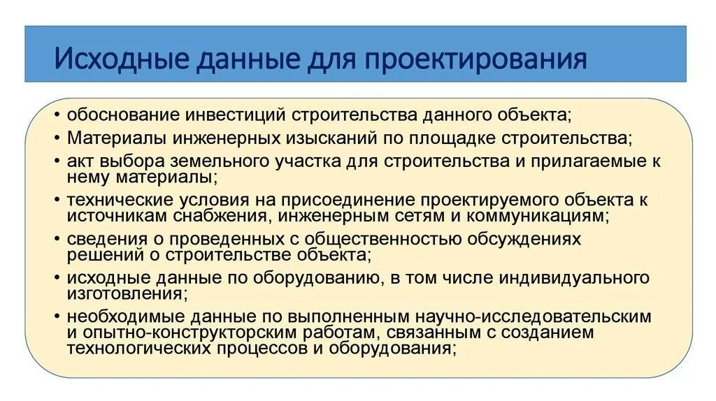 Основные данные для проектирования