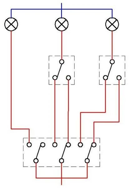 Как подключить лампочку на проходные выключатели. Схема двухклавишного проходного с 3 мест на 2 лампочки. Схема двухклавишного перекрестного выключателя. Схема двухклавишного перекрестного проходного выключателя с 2 мест. Схема проходного выключателя с 3 мест на 3 лампочки.