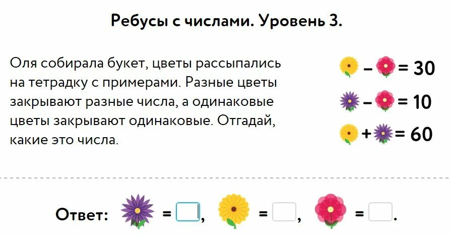 Ребус с числами учи ру. Оля собирала букет цветы. Оля собирала букет цветы рассыпались на тетрадку с примерами. Ребусы с числами уровень 3. Цветы с разными цифрами.