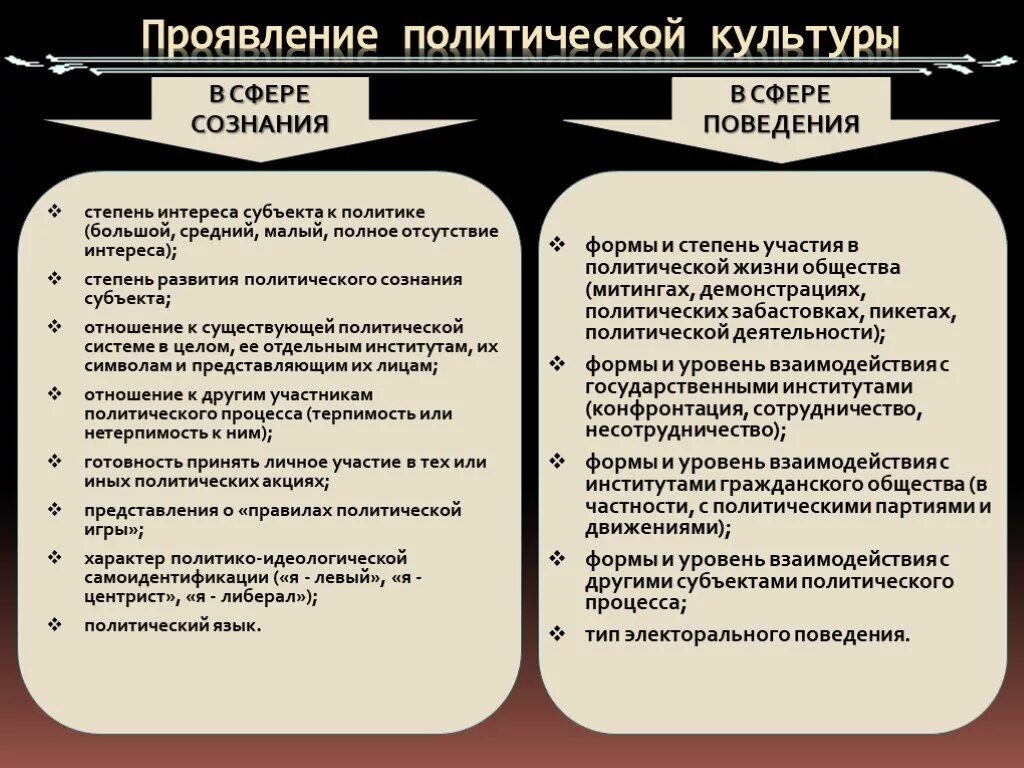 Проявляются во всех сферах жизни. Проявление политической культуры. Политическая культура это Обществознание. Политическое проявлении жизни. Политические культуры Обществознание.