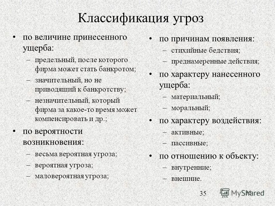 Классификация размера ущерба. По величине ущерба. угрозы по причинам появления делятся на:. причины возникновения угроз. по величине ущерба угрозы могут.