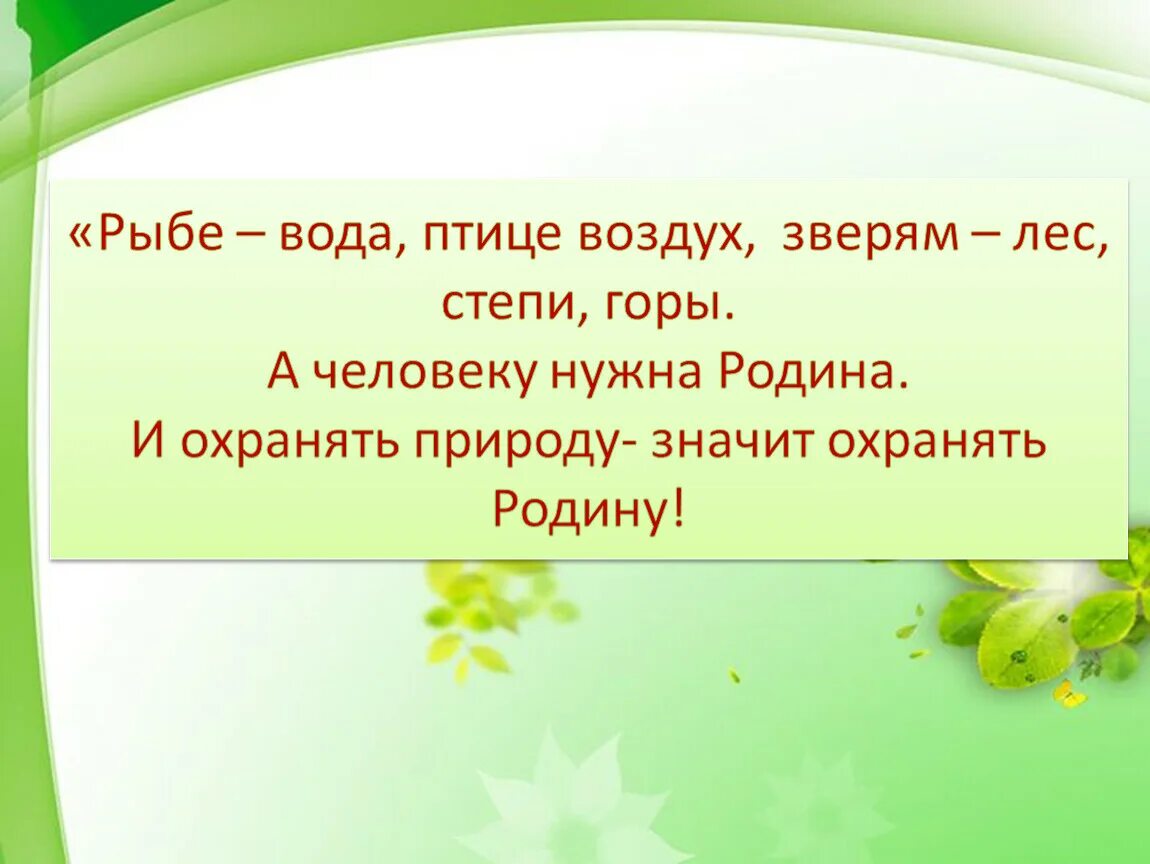 Что по вашему любить природу. Охранять природу значит охранять родину. Рыбе-вода птице-воздух зверю-лес. А человеку нужна Родина и охранять природу. Рыбе вода птице воздух зверю лес степь горы а человеку нужна Родина.