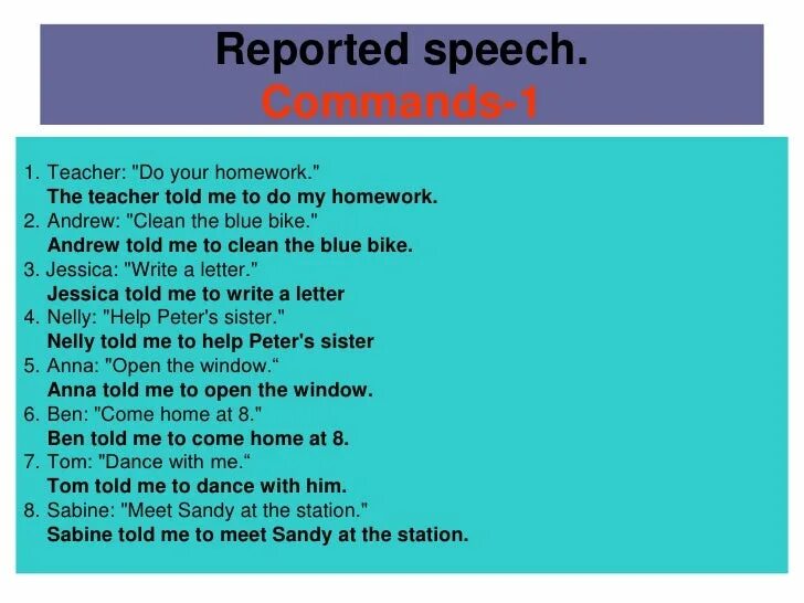 Reported Speech Commands. Reported Commands упражнения. Commands in reported Speech. Reported Speech Commands упражнения.