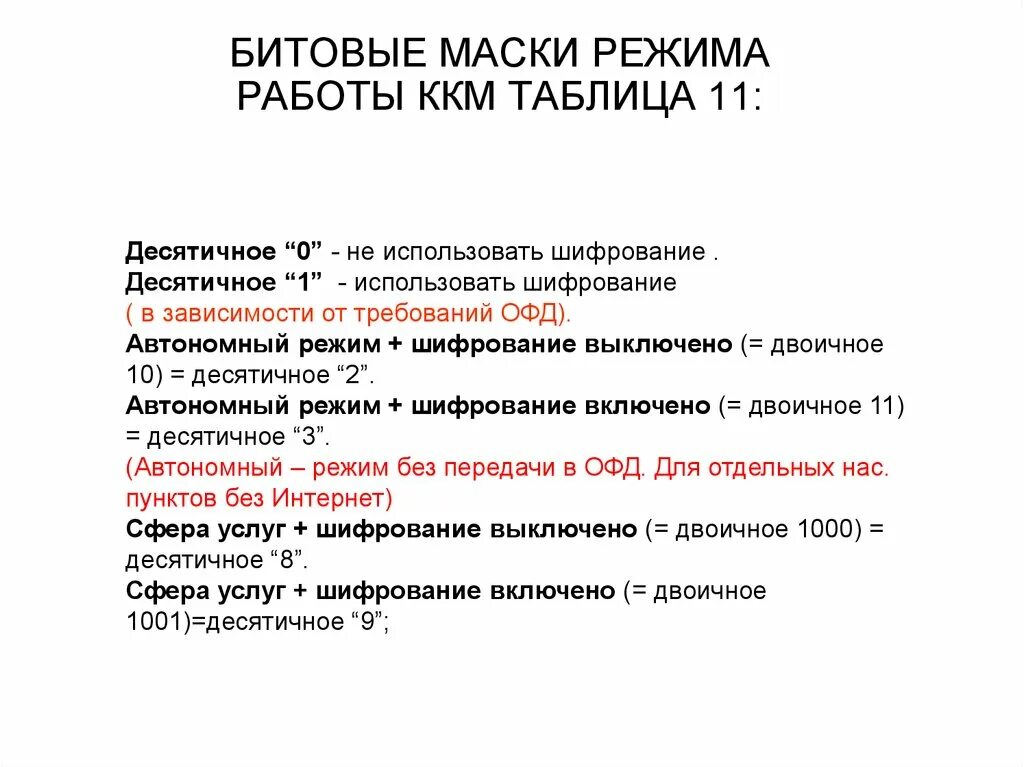 Режимы работы ккт. Режимы работы ККМ. Битовая маска.