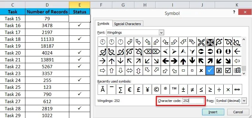 Символ или в excel. Символ галочка в excel. как поставить галочку в экселе.