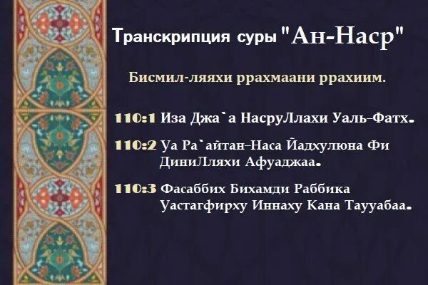 Сура ан нас транскрипция. 110 Сура Корана транскрипция. Сура из Корана АН-Наср. 110 Сура Наср. Сура 110 АН-Наср (помощь).