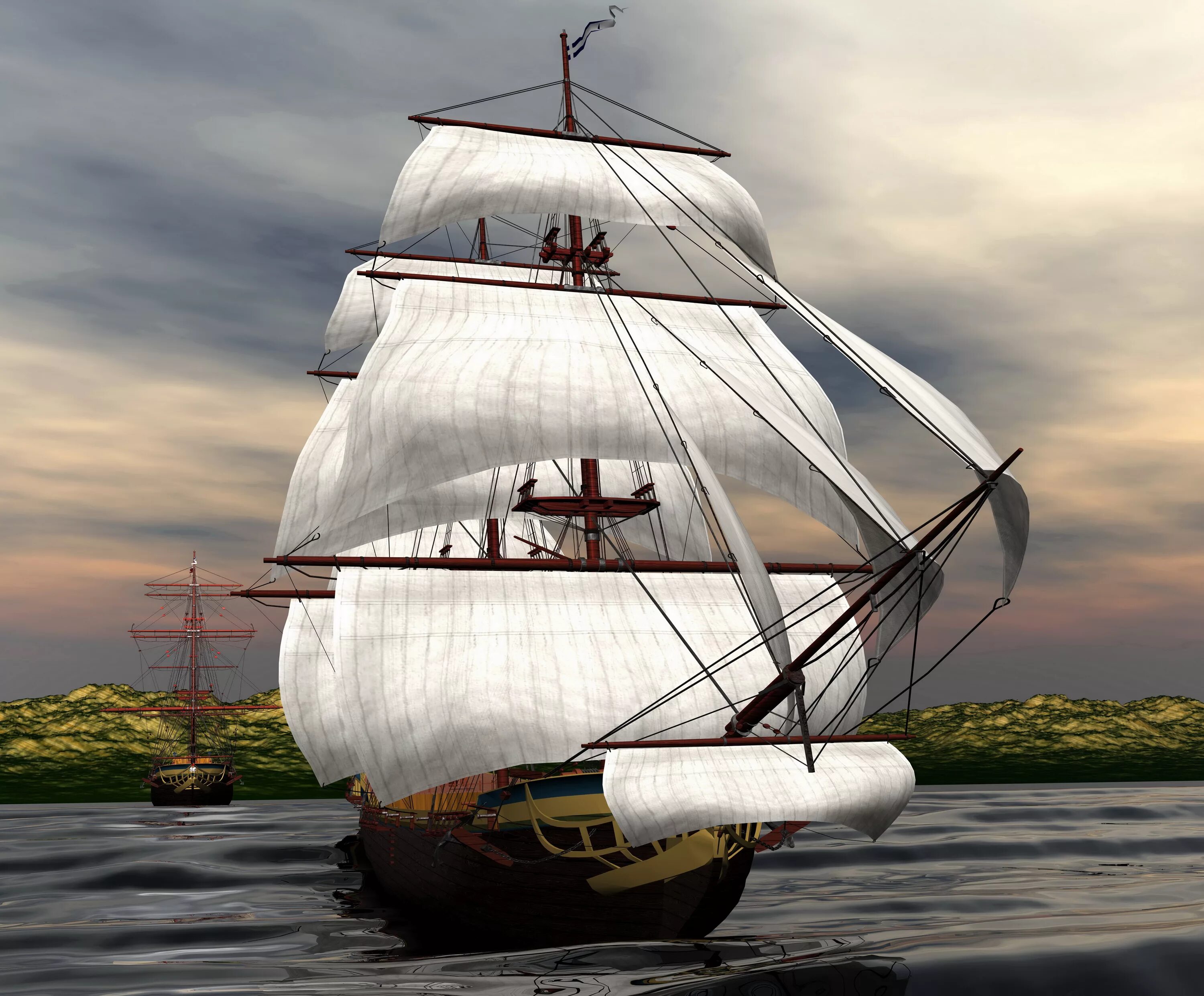 Небольшой парусник. Маленький корабль. 3-х мачтовый барк. Корабль в море. 3 парусника.