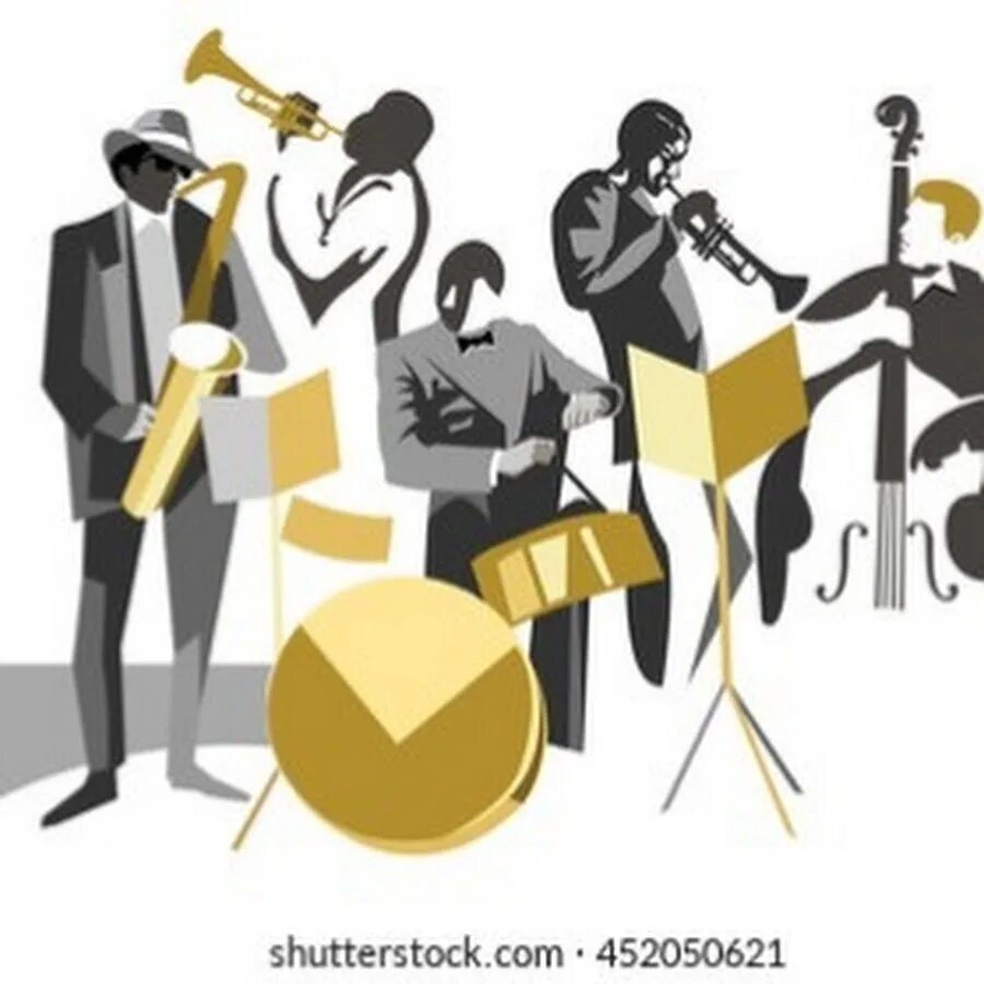 Джаз бэнд. Джазовый оркестр. Оркестр на белом фоне. Символ джаза. Эстрадная музыка без слов