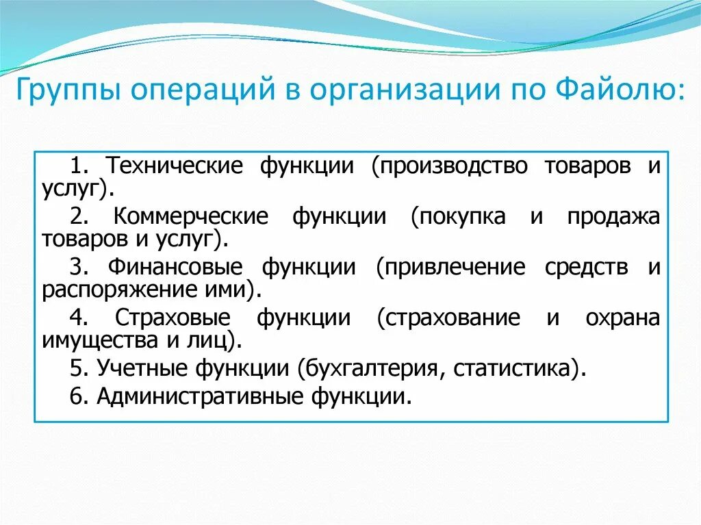 Группы операций в организации. Основные функции управления по Файолю. Административная операция по Файолю. Основные функции менеджмента по Файолю.