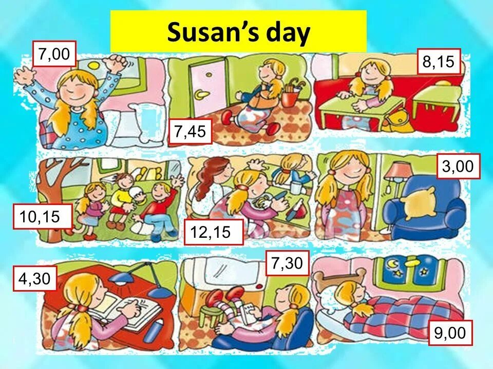 What time does she. Daily routine картинки. комикс распорядок дня. тема my day для малышей. daily routine with time.