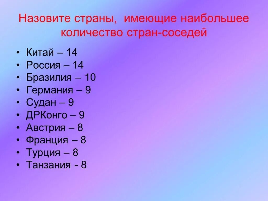 Страны имеющие наибольшее число стран-соседей. Страны имеющие наибольшее количество соседей. Страны имеющие наибольшее число соседей. Страны имеющие наибольшее количество стран соседей.