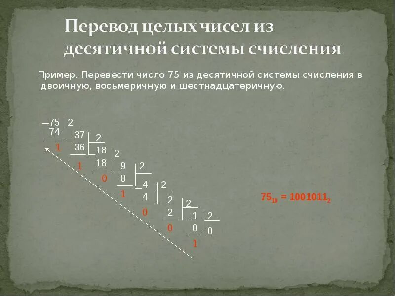 14 8 в десятичную систему счисления. Перевести из десятичной системы счисления в двоичную 75. 75 в десятичной системе перевести в двоичную. переведи число 75 из десятичной в двоичную систему счисления.. перевести число 75 из десятичной системы в двоичную.