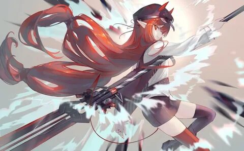arknights boots demon fang hat hemorina horns long_hair pointed_ears red_ey...