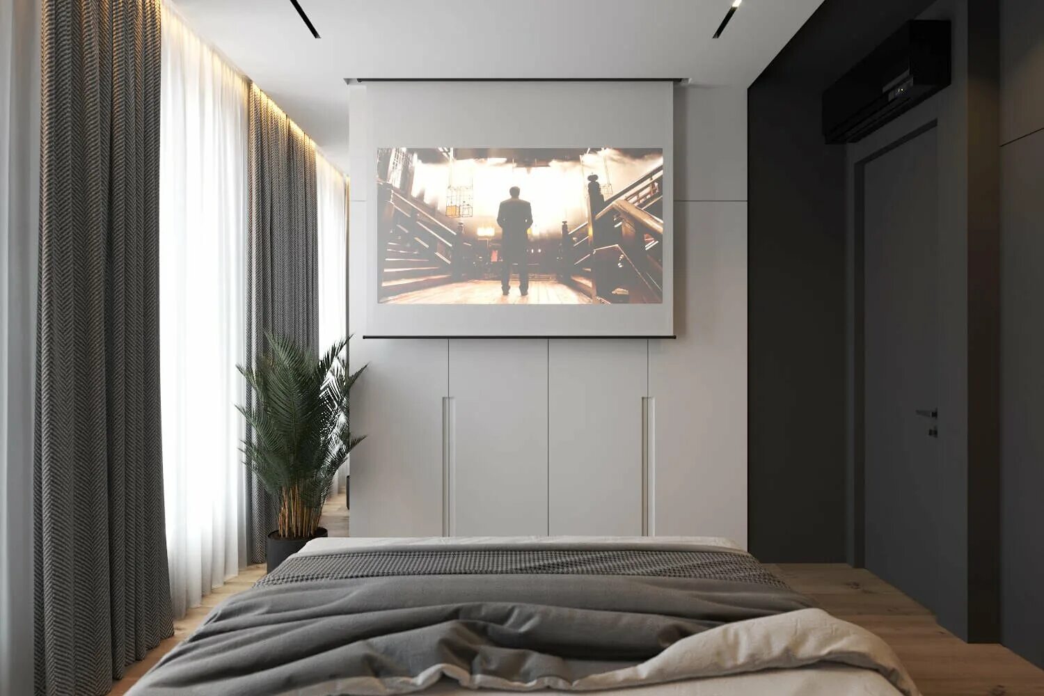 Вандер парк Геометриум. Телевизор в спальне. Спальня с большим телевизором. Проектор в интерьере спальни. Телевизор в маленькой комнате